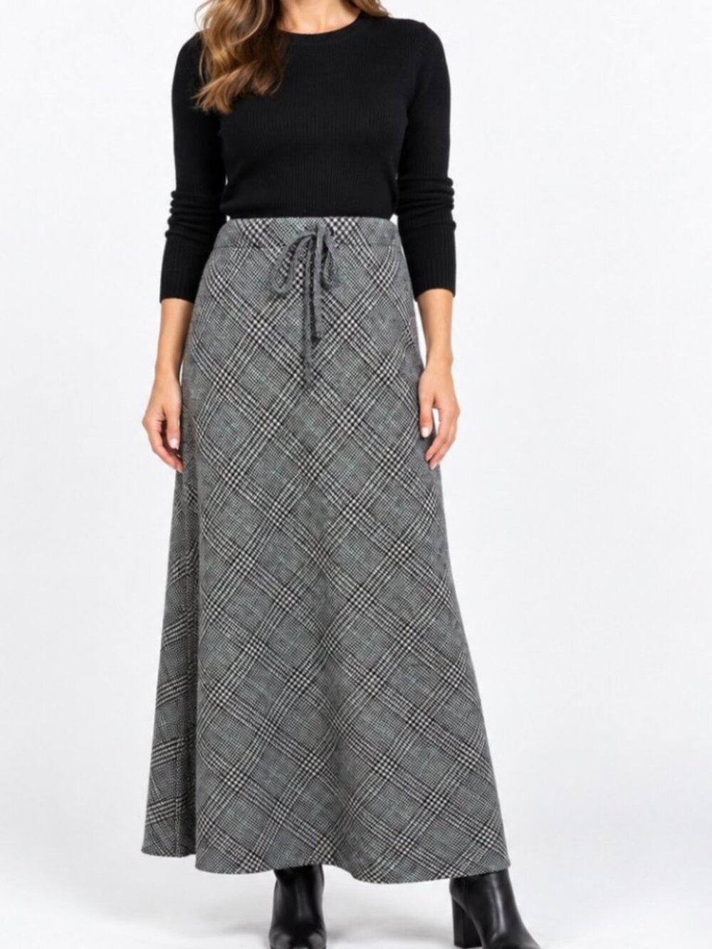 Ines de la Fressange Paris Wool Plaid Bias Cut Maxi Skirt Gray Black Sz 6